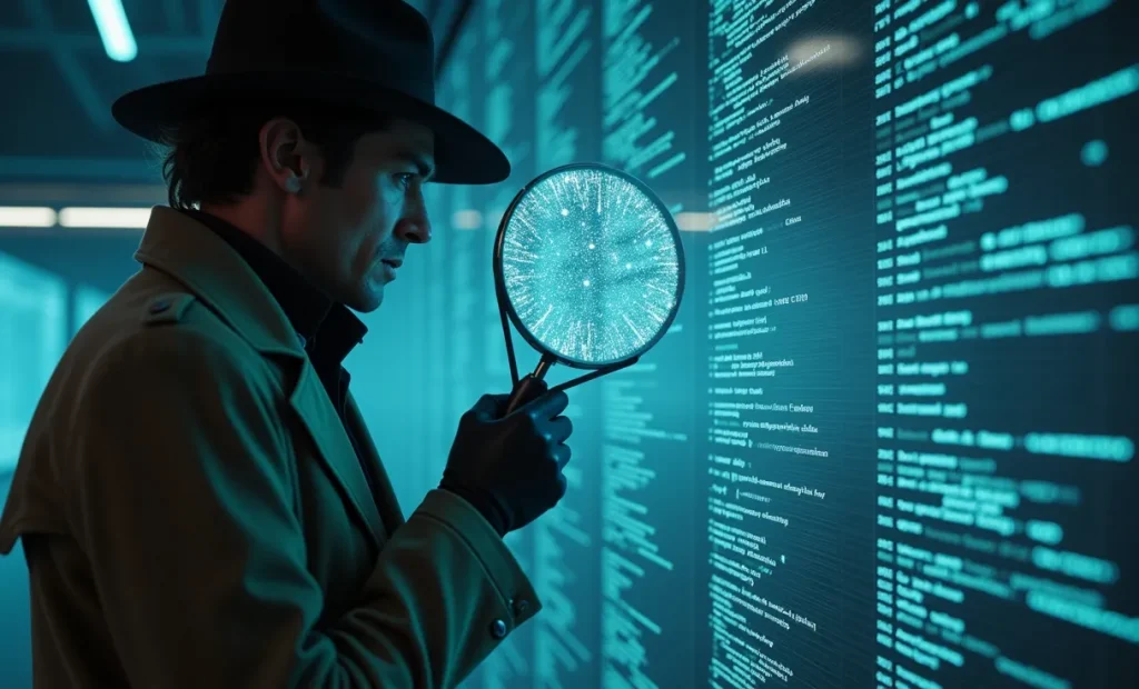 excerpt% Un detective digital usando una lupa futurista para encontrar preguntas con intención humana dentro de un mar de datos, simbolizando el keyword research para la era de la IA.