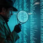 Un detective digital usando una lupa futurista para encontrar preguntas con intención humana dentro de un mar de datos, simbolizando el keyword research para la era de la IA.