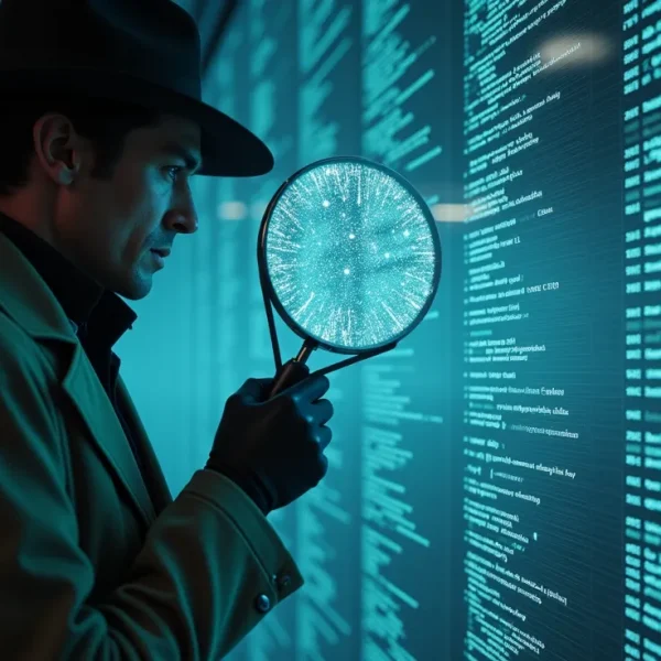 Un detective digital usando una lupa futurista para encontrar preguntas con intención humana dentro de un mar de datos, simbolizando el keyword research para la era de la IA.