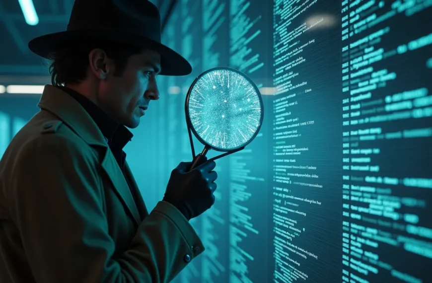 Un detective digital usando una lupa futurista para encontrar preguntas con intención humana dentro de un mar de datos, simbolizando el keyword research para la era de la IA.