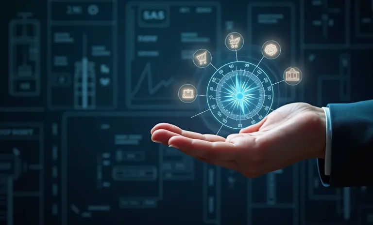 Una brújula estratégica mostrando diferentes modelos de negocios digitales, simbolizando el proceso de elegir el camino correcto para emprender online.