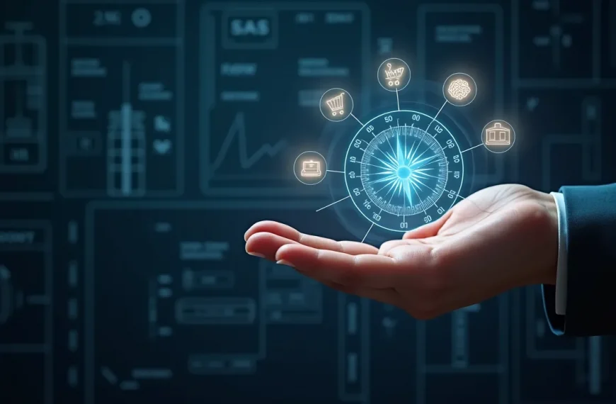 Una brújula estratégica mostrando diferentes modelos de negocios digitales, simbolizando el proceso de elegir el camino correcto para emprender online.