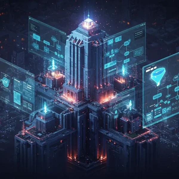 Un rascacielos digital siendo construido a partir de planos estratégicos, simbolizando el método 360 para crear una página web que funciona como un sistema de negocio.