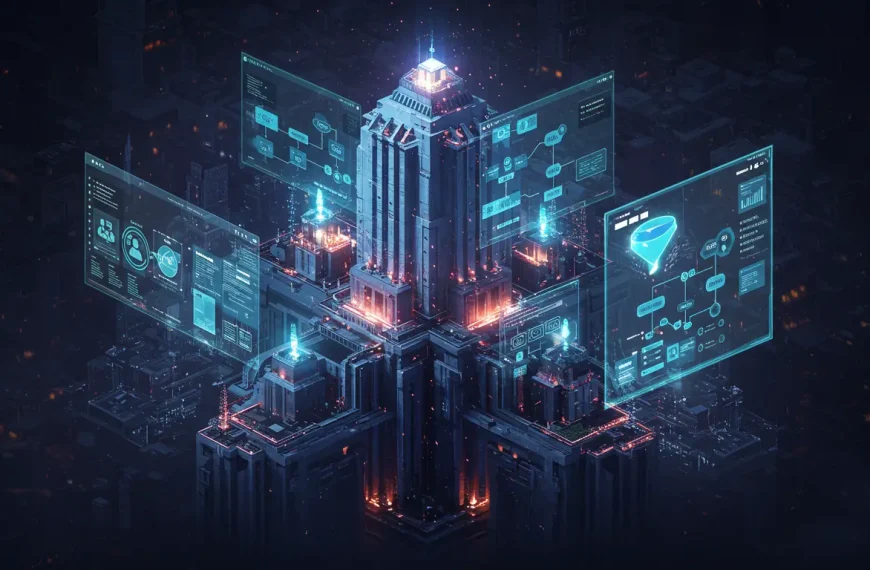 Un rascacielos digital siendo construido a partir de planos estratégicos, simbolizando el método 360 para crear una página web que funciona como un sistema de negocio.