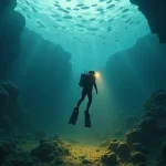 Un buzo descubriendo un tesoro en una cueva submarina, simbolizando el método para encontrar un nicho de mercado rentable y con poca competencia.