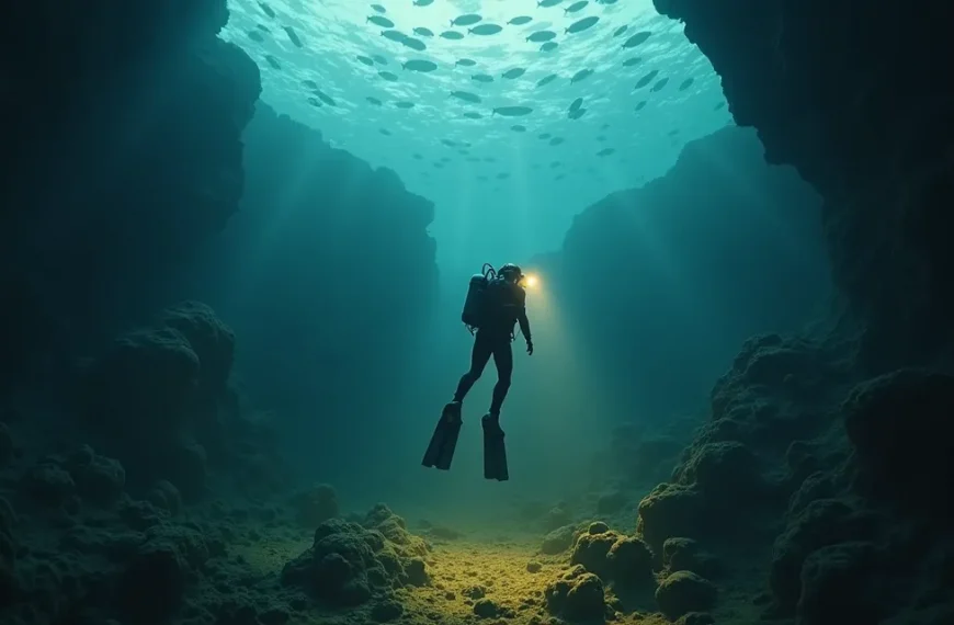 Un buzo descubriendo un tesoro en una cueva submarina, simbolizando el método para encontrar un nicho de mercado rentable y con poca competencia.