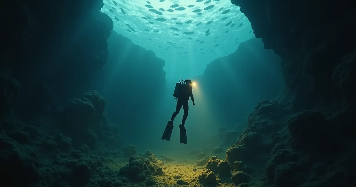 Un buzo descubriendo un tesoro en una cueva submarina, simbolizando el método para encontrar un nicho de mercado rentable y con poca competencia.