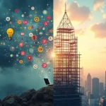 Comparativa entre el caos de las tácticas aisladas y la claridad de un sistema de 5 estrategias para iniciar un negocio online rentable, método de NegociosOnline360.