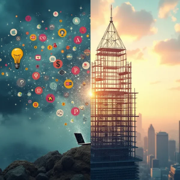 Comparativa entre el caos de las tácticas aisladas y la claridad de un sistema de 5 estrategias para iniciar un negocio online rentable, método de NegociosOnline360.