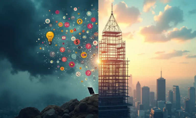 Comparativa entre el caos de las tácticas aisladas y la claridad de un sistema de 5 estrategias para iniciar un negocio online rentable, método de NegociosOnline360.
