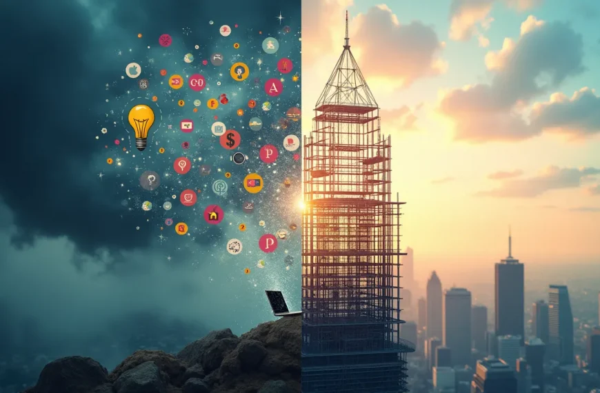 Comparativa entre el caos de las tácticas aisladas y la claridad de un sistema de 5 estrategias para iniciar un negocio online rentable, método de NegociosOnline360.