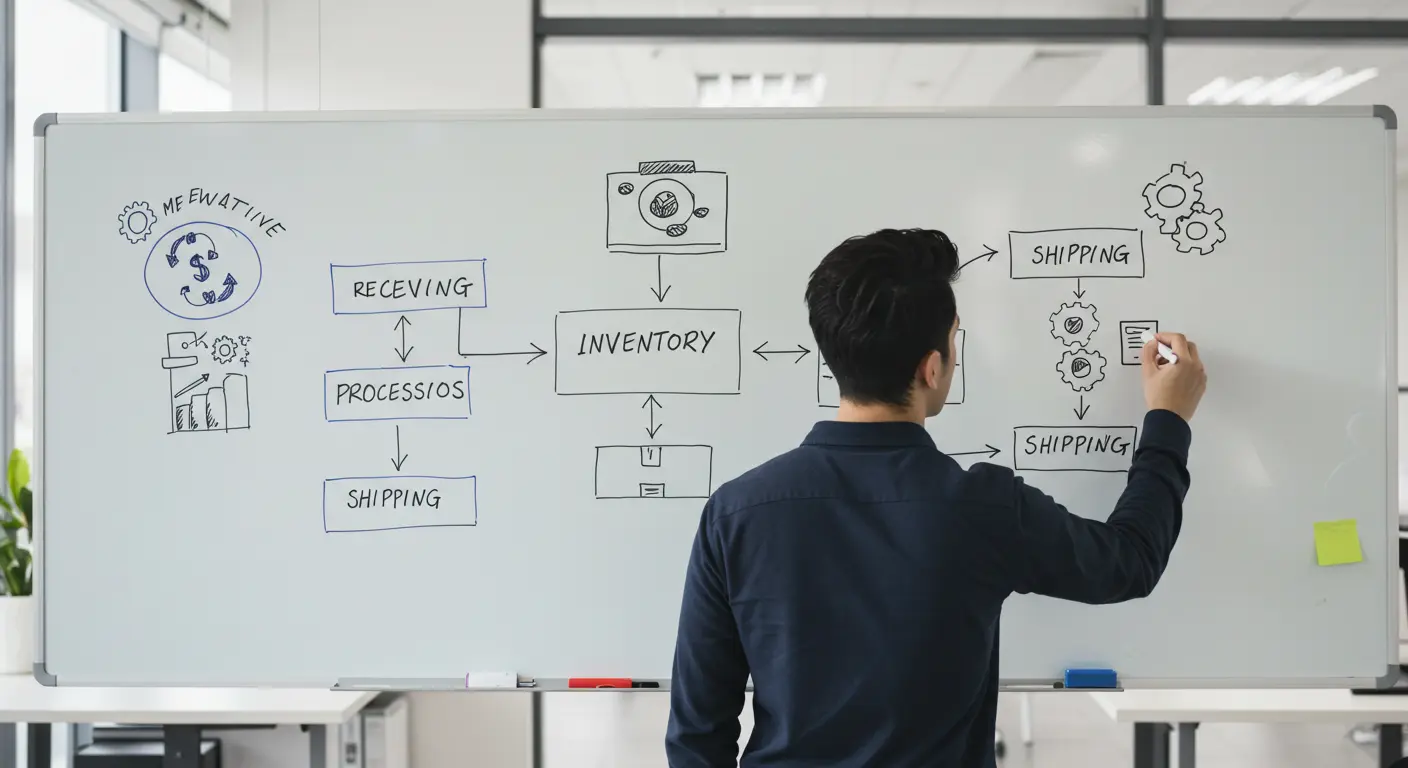 Una persona dibujando un diagrama de flujo de gestión de operaciones en una pizarra blanca, mostrando un sistema ordenado.