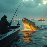 Un pescador estratégico capturando un único pez dorado gigante, simbolizando el marketing de afiliados high-ticket que se enfoca en comisiones de alto valor en lugar de volumen.