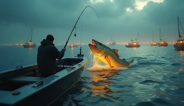 Un pescador estratégico capturando un único pez dorado gigante, simbolizando el marketing de afiliados high-ticket que se enfoca en comisiones de alto valor en lugar de volumen.