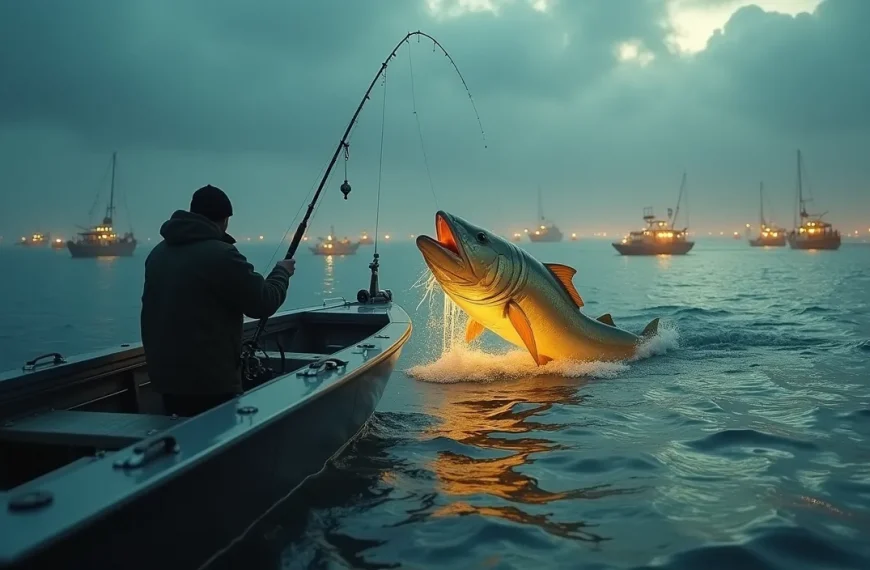 Un pescador estratégico capturando un único pez dorado gigante, simbolizando el marketing de afiliados high-ticket que se enfoca en comisiones de alto valor en lugar de volumen.