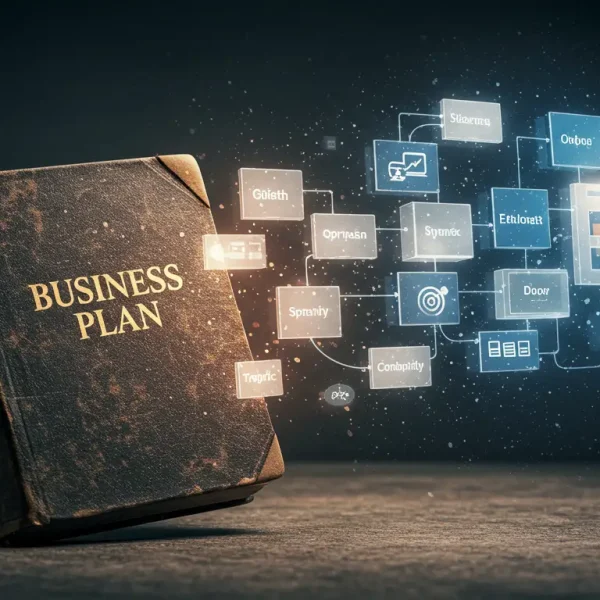 Un plan de negocio tradicional transformándose en un blueprint estratégico digital, simbolizando la evolución del business plan para negocios online.