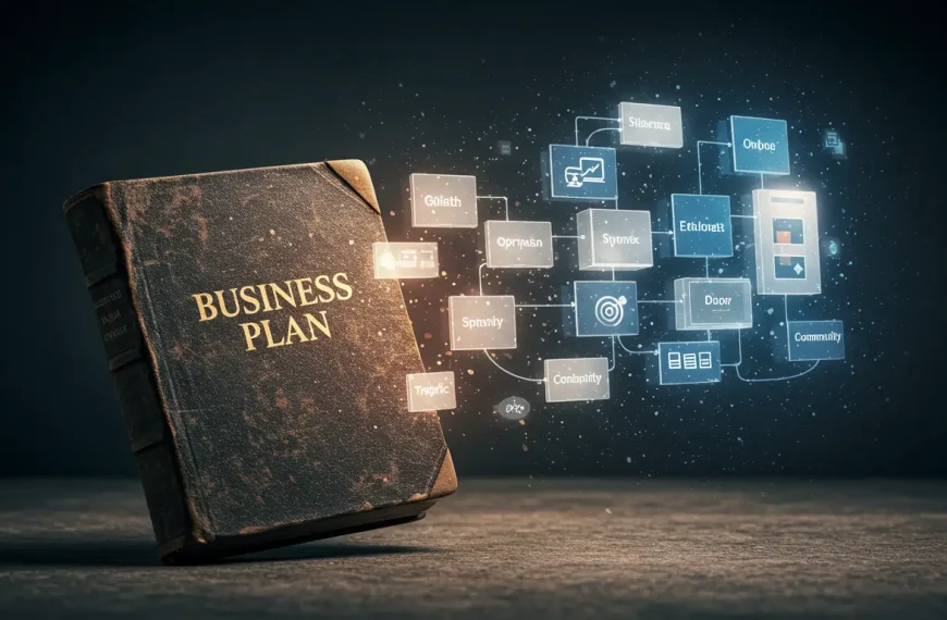 Un plan de negocio tradicional transformándose en un blueprint estratégico digital, simbolizando la evolución del business plan para negocios online.