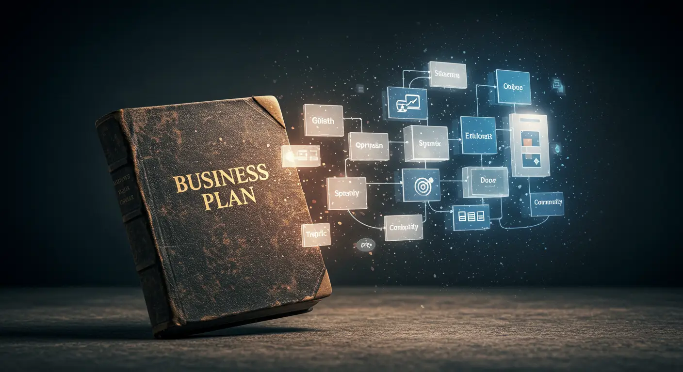 Un plan de negocio tradicional transformándose en un blueprint estratégico digital, simbolizando la evolución del business plan para negocios online.