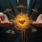 Un par de manos estratégicas desenredando un nudo de objeciones de venta y convirtiéndolo en un acuerdo cerrado, simbolizando el sistema de 7 pasos para cerrar ventas online.