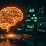 Un cerebro digital de IA proyectando un sistema de negocio 360°, simbolizando la integración de la inteligencia artificial en la estrategia empresarial.