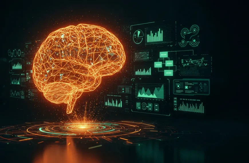 Un cerebro digital de IA proyectando un sistema de negocio 360°, simbolizando la integración de la inteligencia artificial en la estrategia empresarial.
