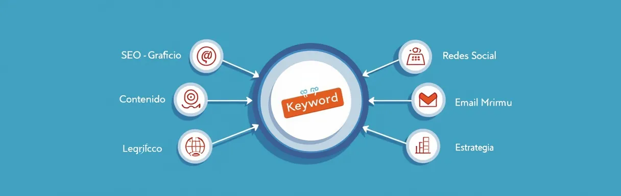Diagrama radial mostrando cómo el keyword research alimenta el marketing digital, SEO e IA. Diagrama radial mostrando cómo el keyword research alimenta el marketing digital, SEO e IA.