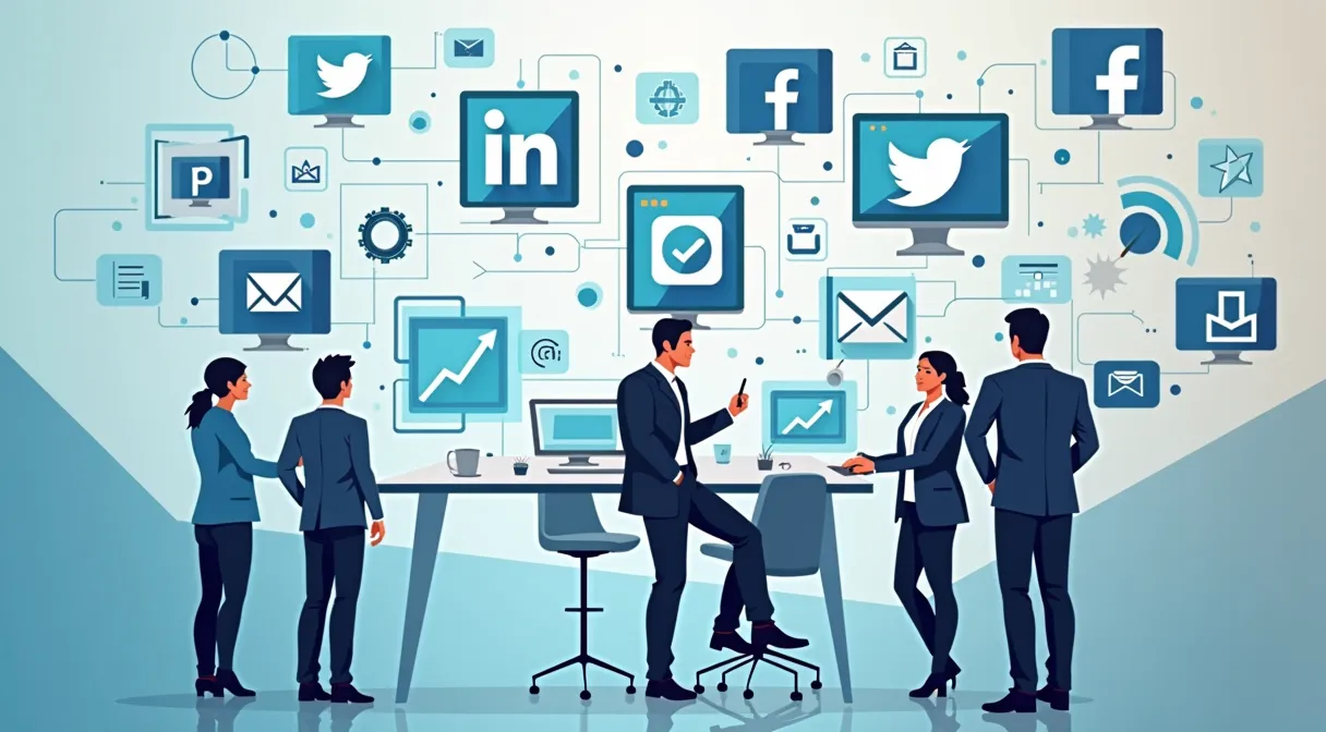 Un collage de alta calidad con diferentes iconos digitales (redes sociales, SEO, email, etc.) sobre un fondo moderno y profesional. También puedes utilizar una imagen de un equipo trabajando en una estrategia digital exitosa.