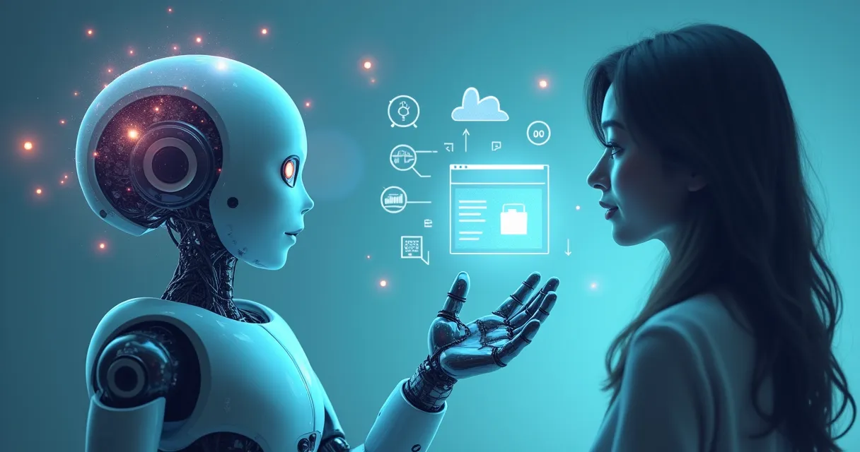 IA amigable mostrando resultados a persona, simbolizando IA simple para negocios.