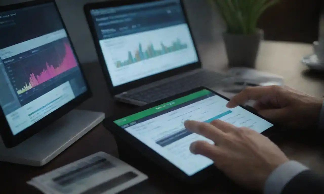 A person managing finances on a digital device with automated accounting software on the screen.