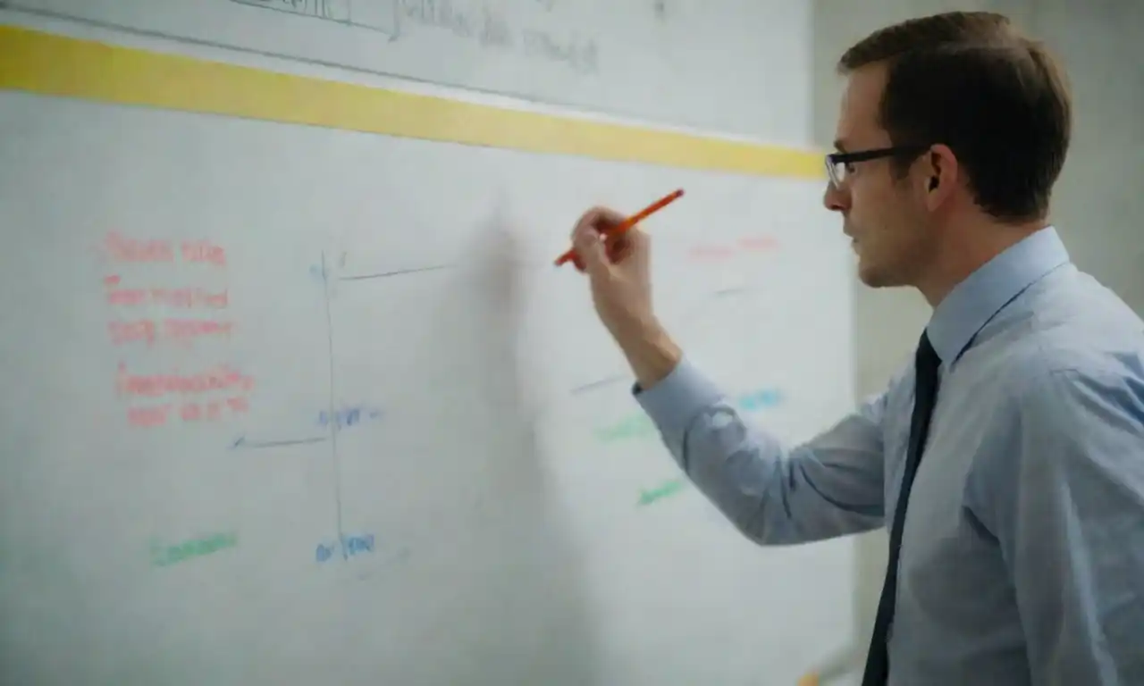 A researcher analyzing qualitative data on a whiteboard filled with charts and notes about demand forecasting techniques.