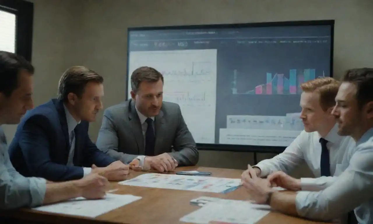 A team collaborating around a table with charts and communication strategies displayed on a board.
