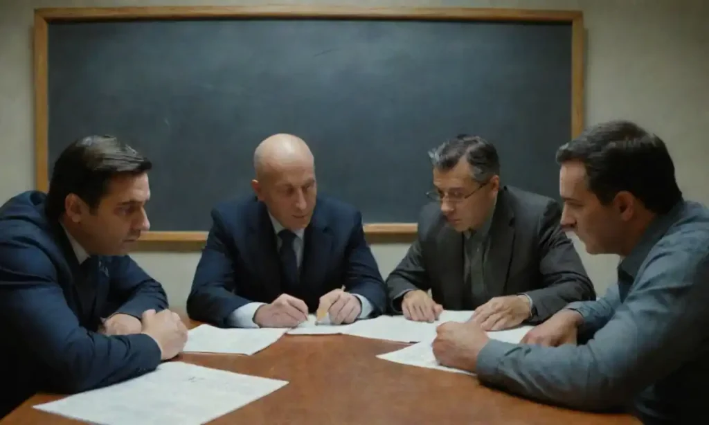 Un grupo de desarrolladores discutiendo sobre código en una pizarra digital.