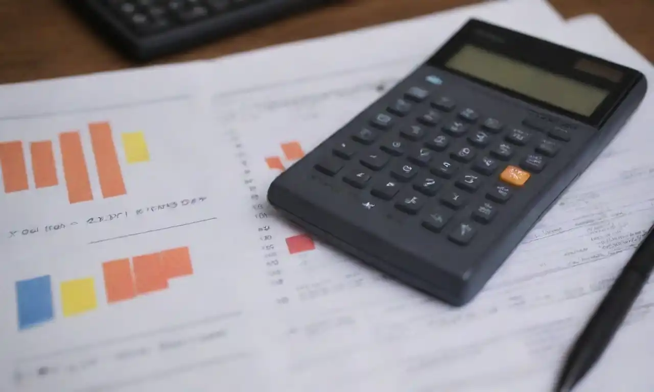 A calculator next to graphs and inventory sheets highlighting stock levels.