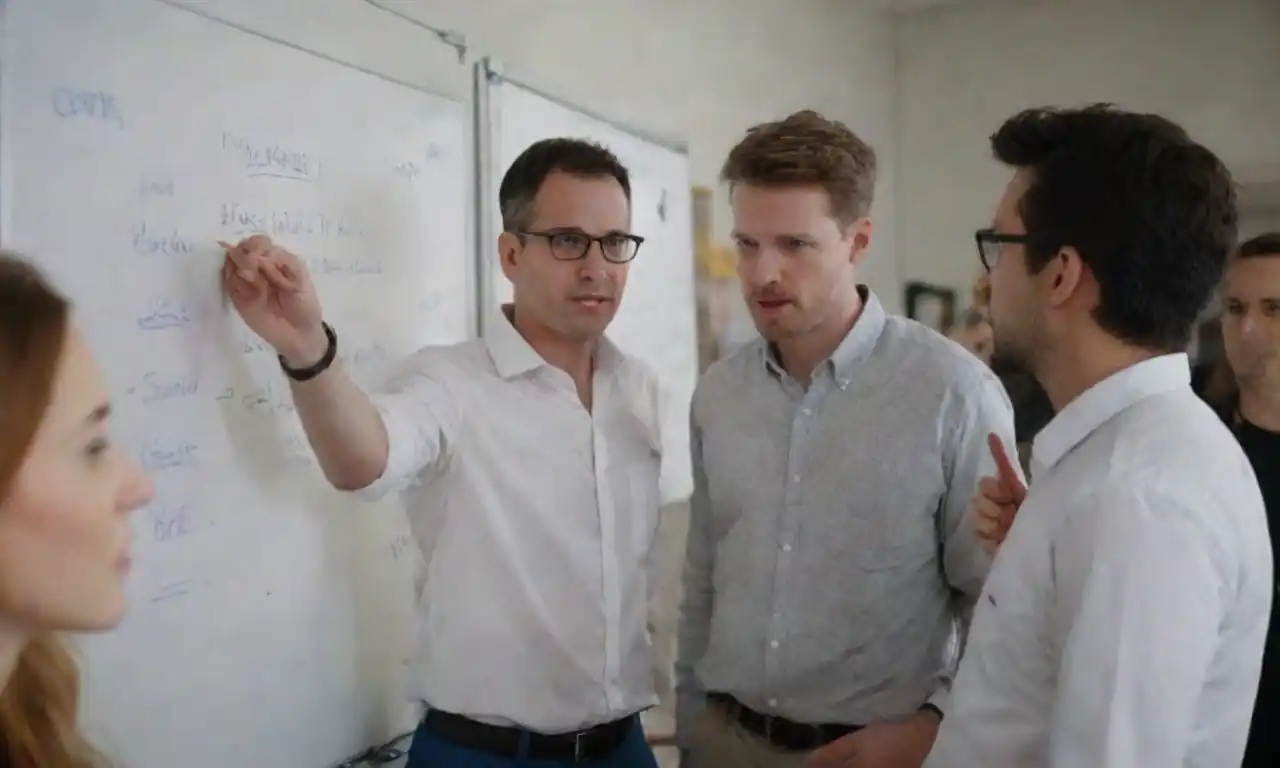 A diverse group of entrepreneurs brainstorming ideas with key tips listed on a whiteboard.