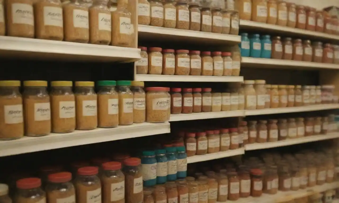 Frascos de creatina en un estante de tienda con personas comprando suplementos.