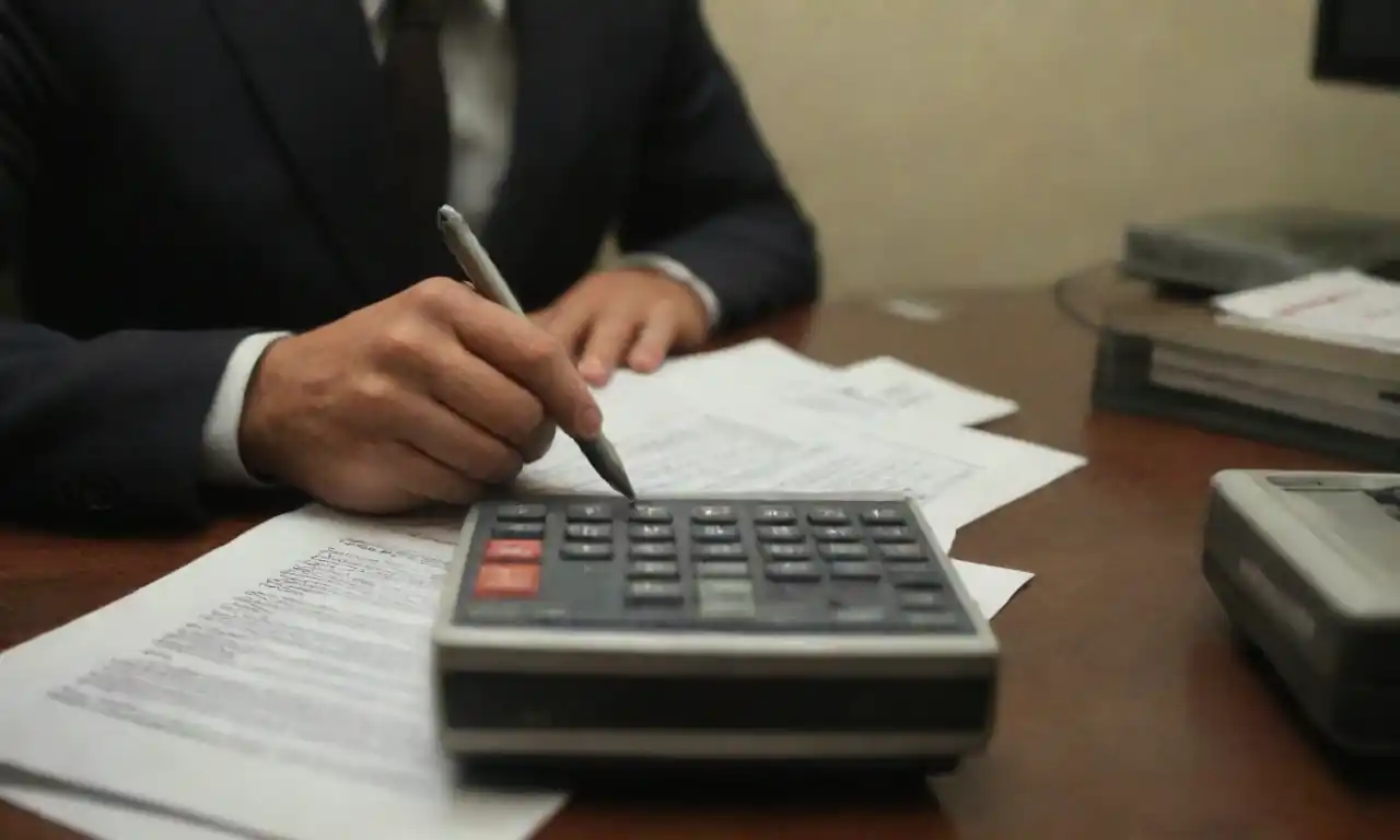 Contador revisando documentos financieros con una calculadora y pantallas de gráficos.