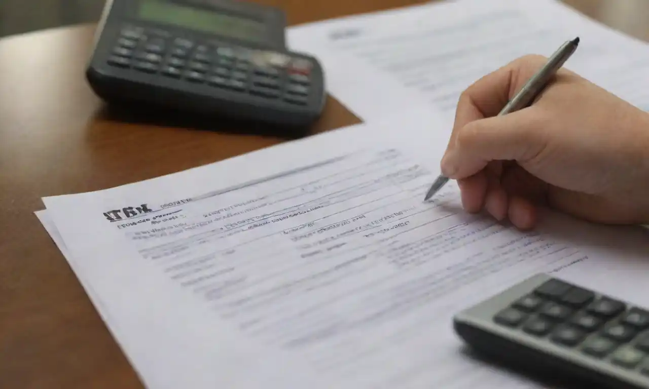 A person filling out a tax form with financial documents and a calculator on a desk.