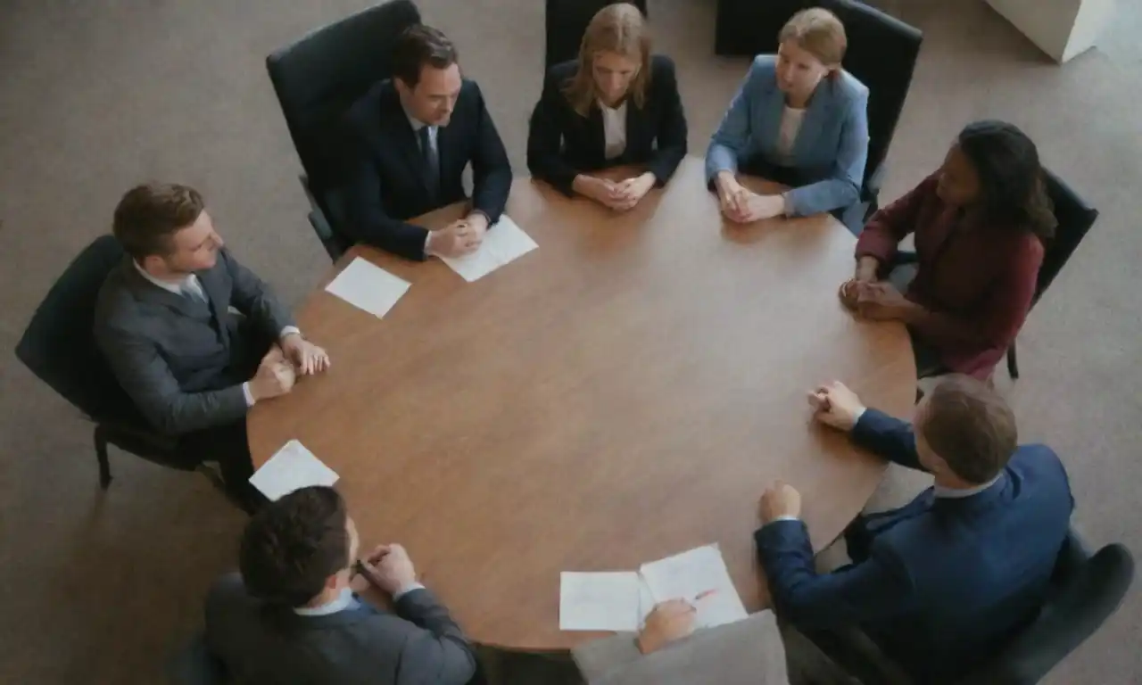 Team members collaborating in a circular meeting