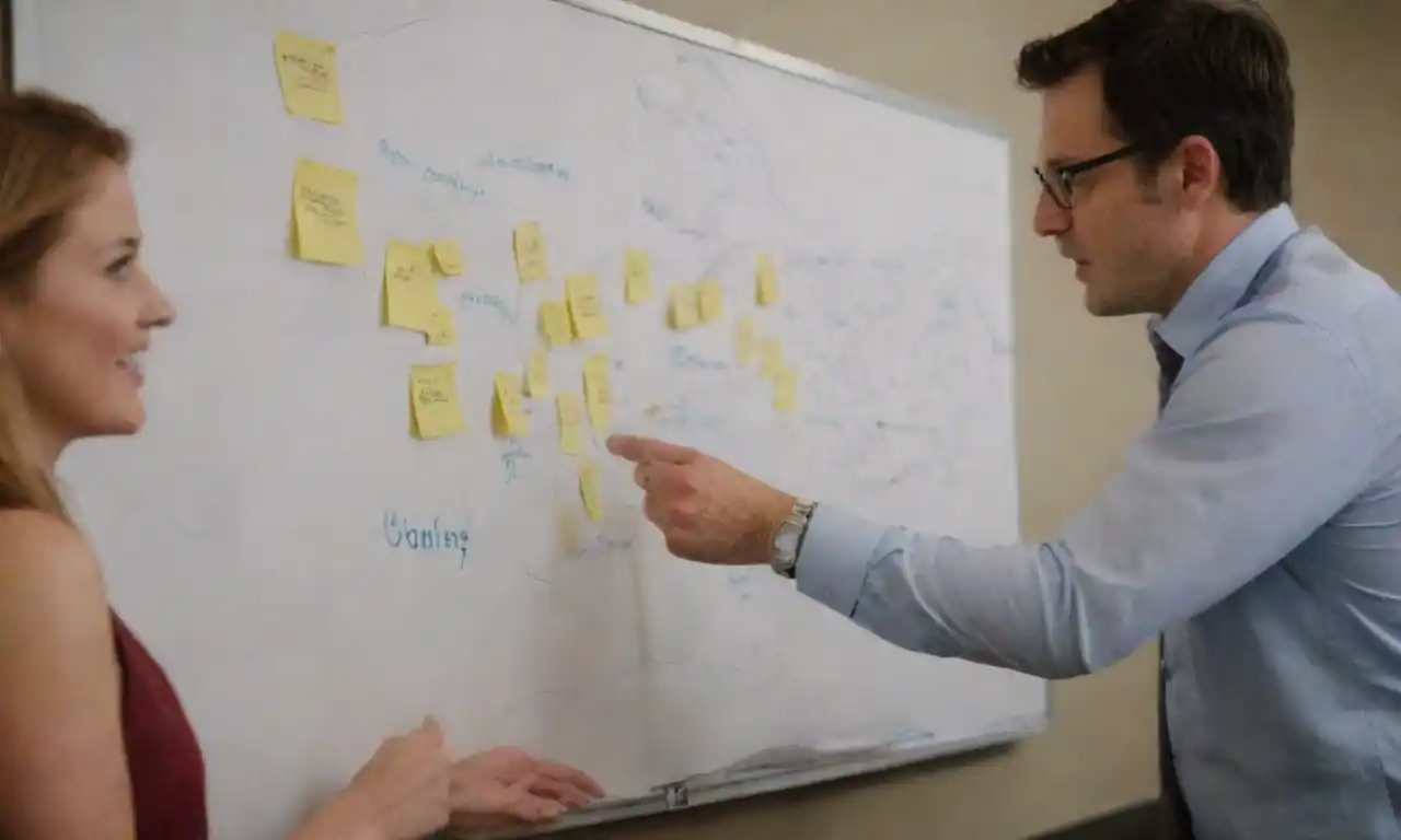 A team brainstorming around a customer journey map to enhance service strategies.