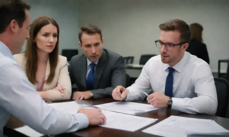 Business professionals discussing strategies while reviewing documents labeled Outsourcing in a modern office.