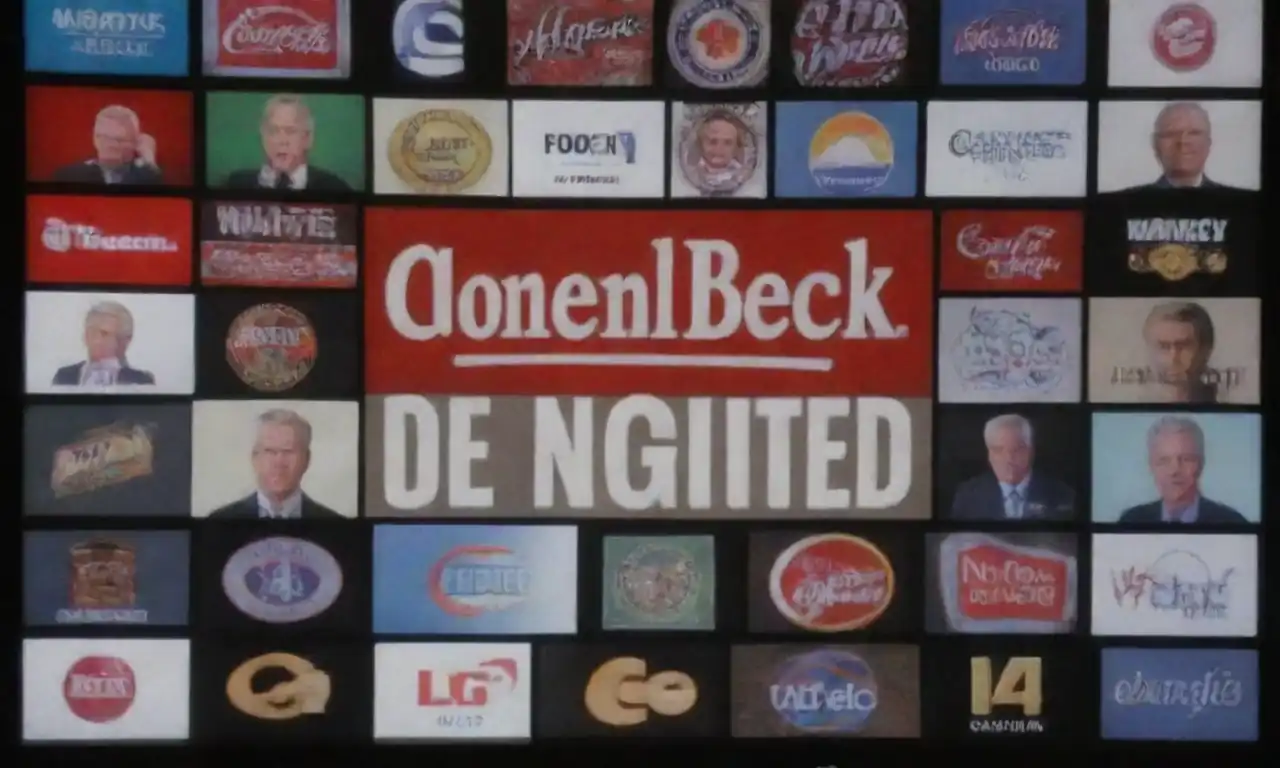 A collage of various brand logos displayed on a television screen featuring Glenn Beck.