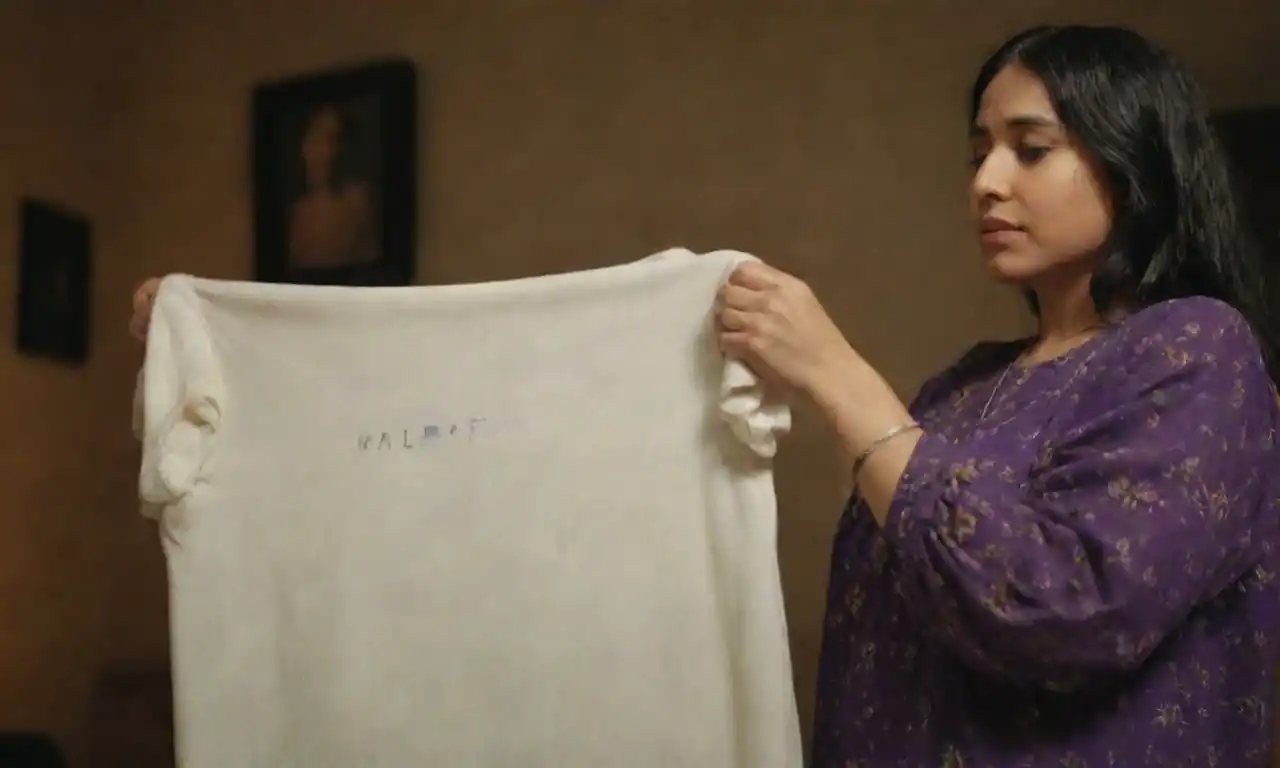 A person holding Halara clothing with reviews and ratings displayed on a screen nearby.