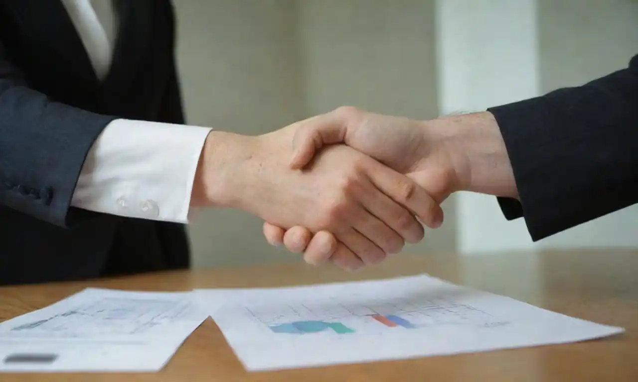 Business partners shaking hands over a table with contracts and a graph highlighting growth.