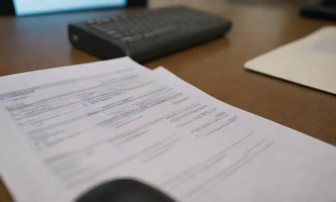 A person filling out a sales receipt with documents and a computer in the background.
