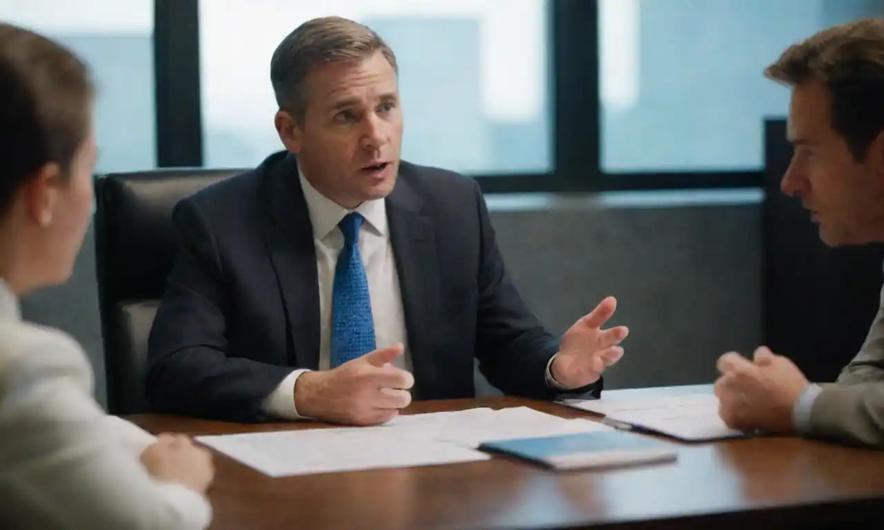 An entrepreneur discussing a Search Fund concept with business professionals in a meeting setting.