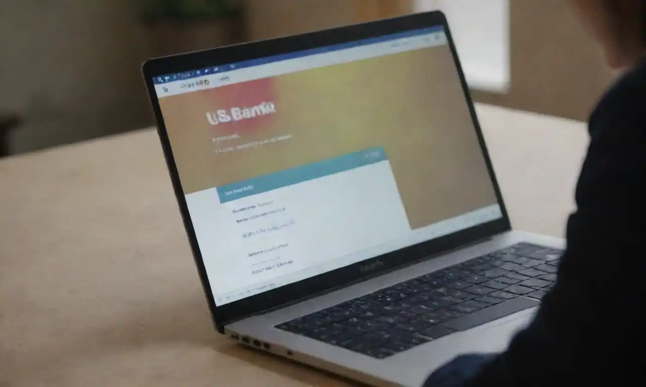 A person comparing U.S. Bank account features on a laptop with pros and cons listed.
