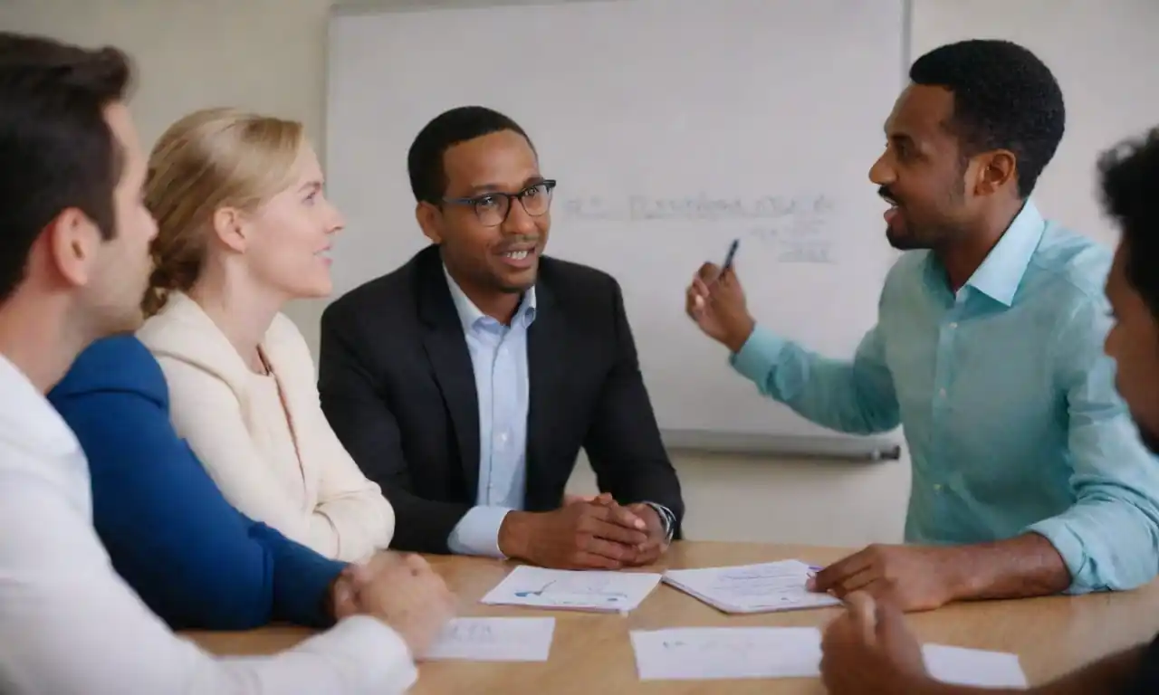 Group of diverse entrepreneurs collaborating and discussing strategies with a whiteboard in the background.