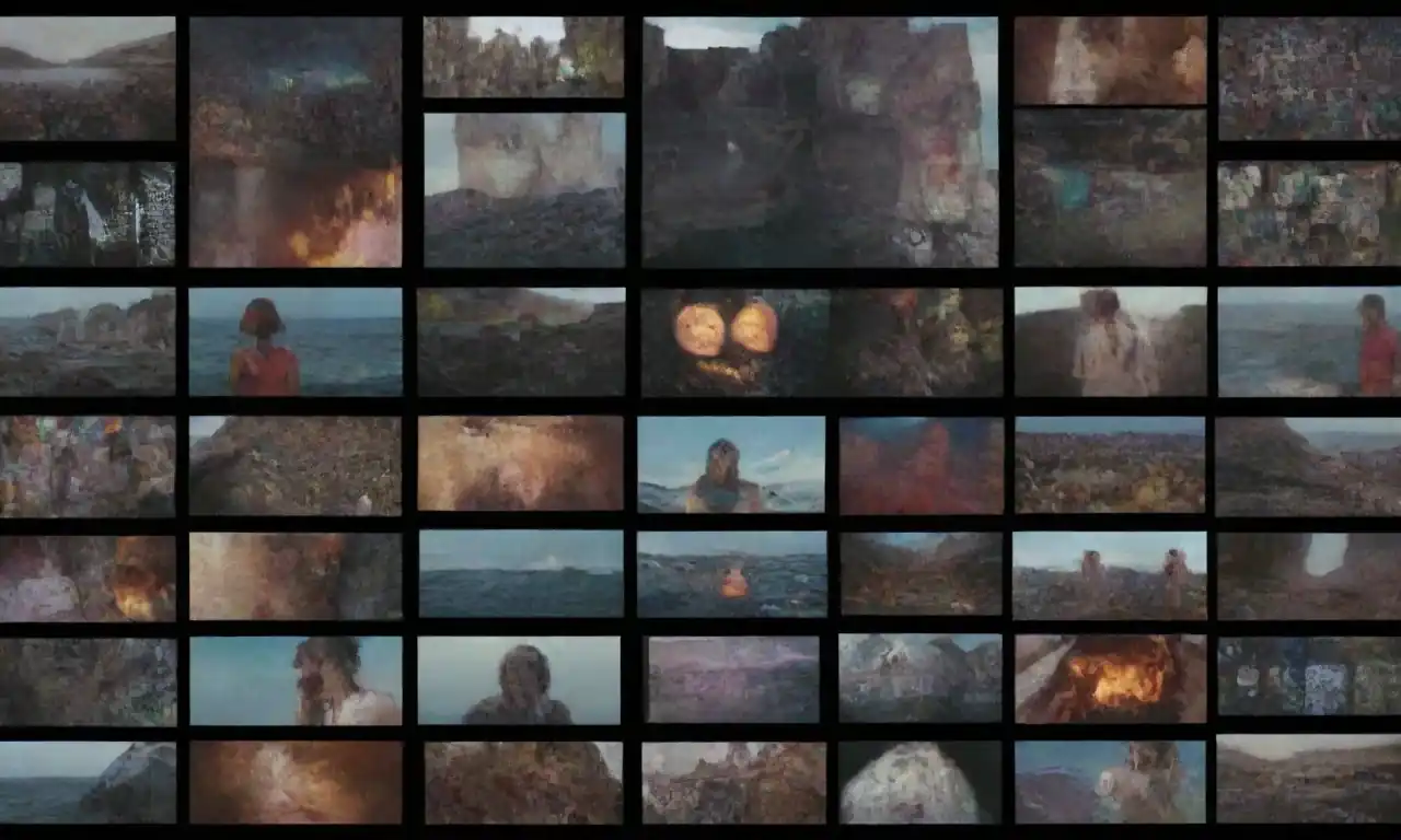 A collage of AI-generated video clips and editing software on a computer screen.