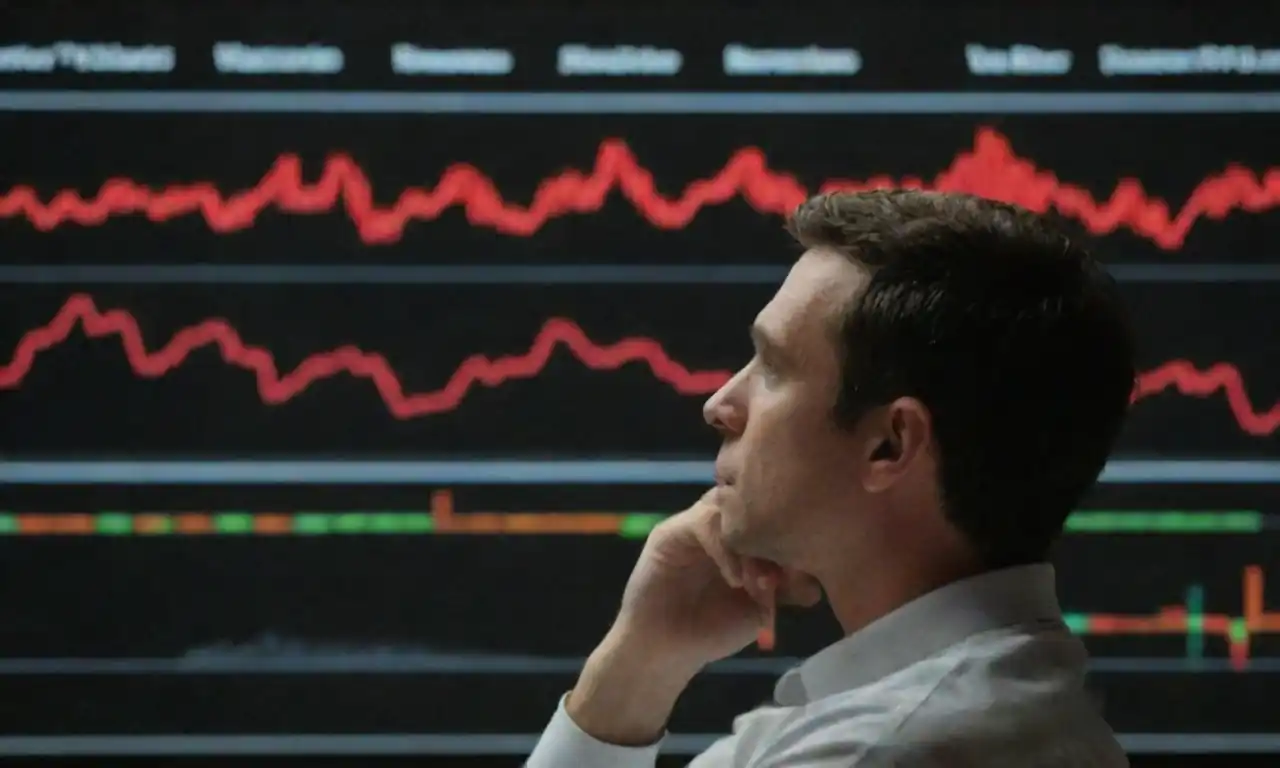 A stock market chart with Verizons logo and a person contemplating investment.