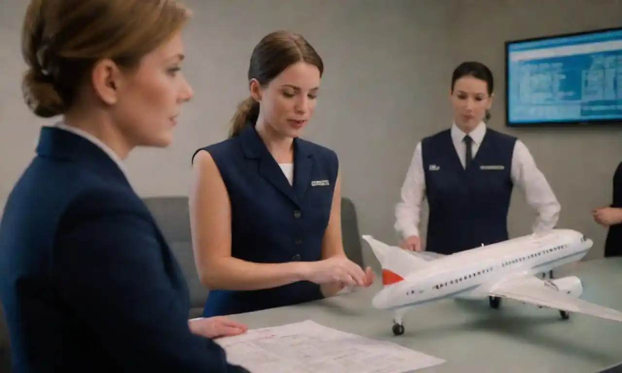 Airline staff discussing changes over a model plane and flight schedule.